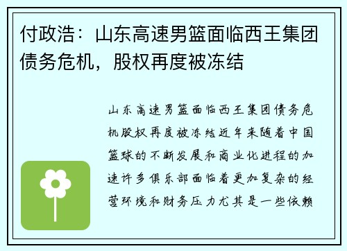 付政浩：山东高速男篮面临西王集团债务危机，股权再度被冻结