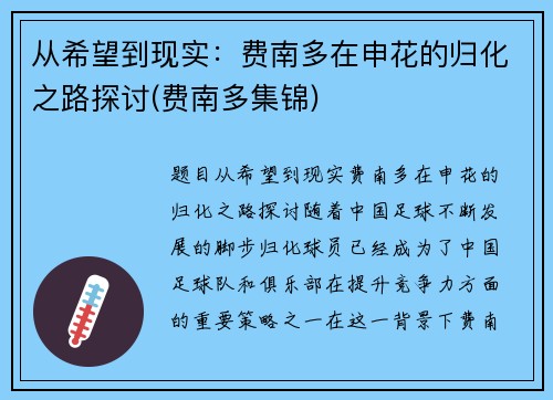 从希望到现实：费南多在申花的归化之路探讨(费南多集锦)