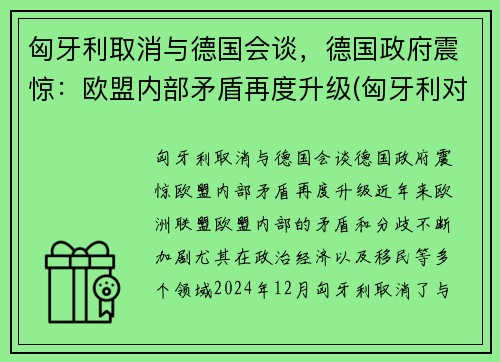 匈牙利取消与德国会谈，德国政府震惊：欧盟内部矛盾再度升级(匈牙利对德国宣战)